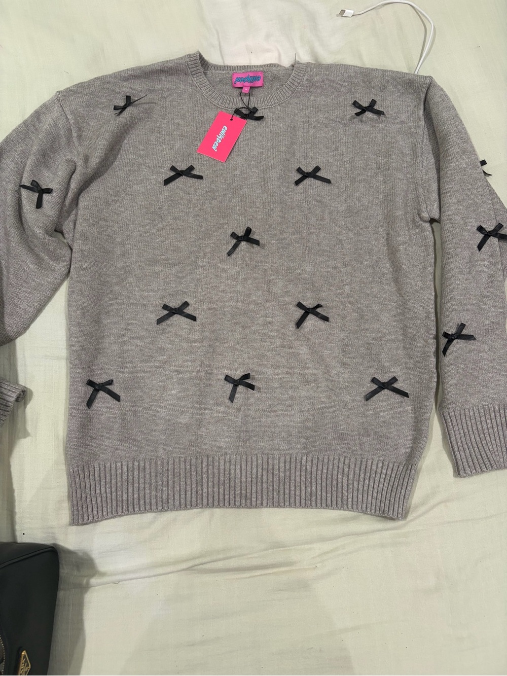 Edikted Gray Crewneck Sweater with Black Bow Accents